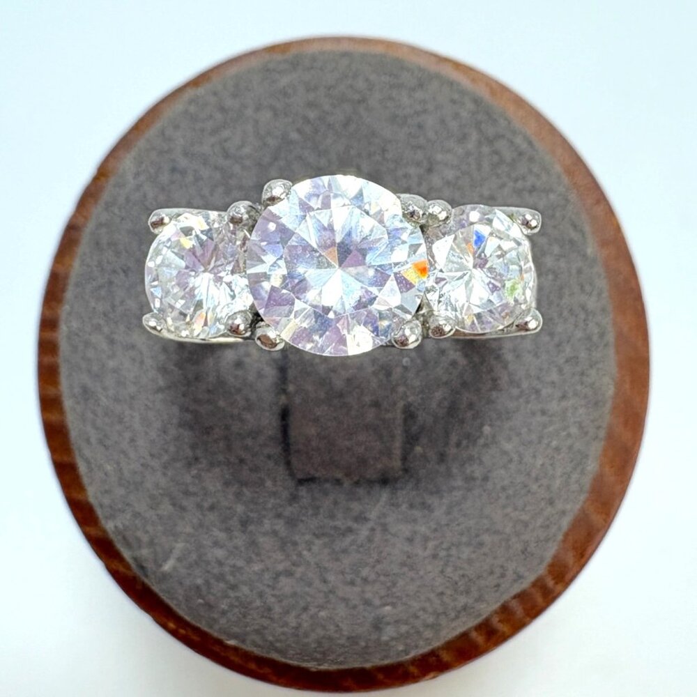 Three Stone Cubic Zirconia Statement Ring VTG Sterling Silver 925 Size 8.75